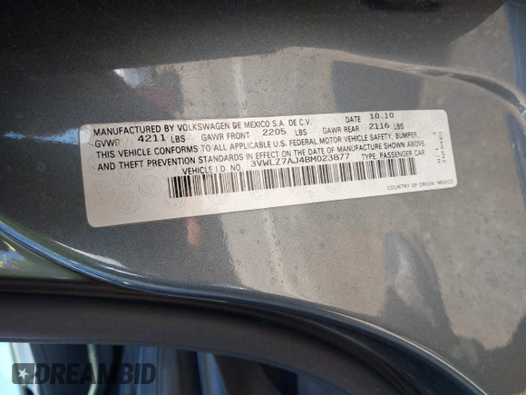 2011 Volkswagen Jetta SEL with VIN 3VWLZ7AJ4BM023877, listed as a IAAI auction lot 42054594 with 103,680 mi miles and . Bid and sale history available at DreamBid. Image 9.