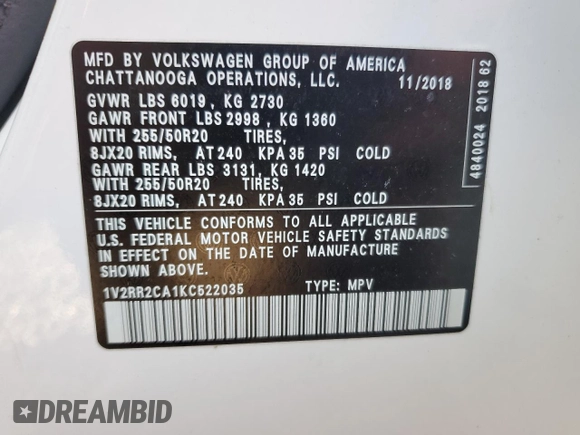 2019 Volkswagen Atlas SEL R-Line with VIN 1V2RR2CA1KC522035, listed as a Copart auction lot 75849514 with 43,569 mi miles and Salvage title. Bid and sale history available at DreamBid. Image 14.