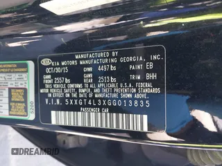2016 Kia Optima LX with VIN 5XXGT4L3XGG013835, listed as a IAAI auction lot 41815349 with 120,628 mi miles and . Bid and sale history available at carsss.com. Image 9.