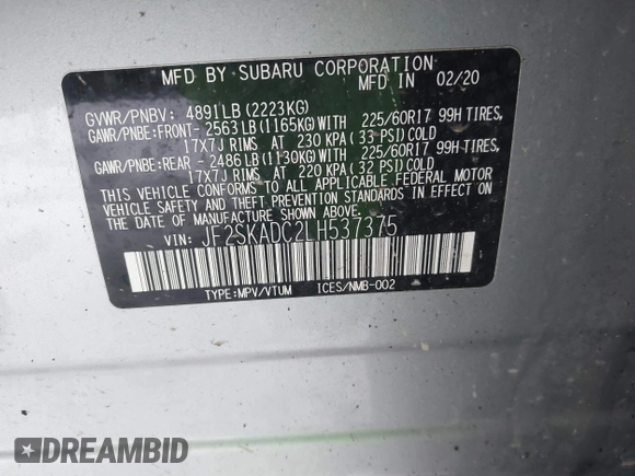 2020 Subaru Forester z VIN JF2SKADC2LH537375, wystawiony jako IAAI lot #41027656 z przebiegiem Nie podano mil oraz . Historia ofert i sprzedaży dostępna na DreamBid. Obrazek 9.