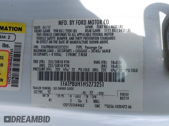 2017 Ford Mustang EcoBoost Premium with VIN 1FATP8UH1H5273251, listed as a IAAI auction lot 42548315 with 90,287 mi miles and . Bid and sale history available at DreamBid. Image 9.
