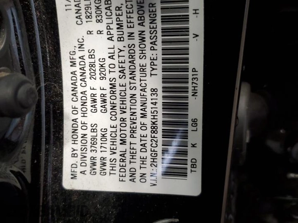 2019 Honda Civic Sport with VIN 2HGFC2F88KH514138, listed as a Copart auction lot 54598535 with 122,198 mi miles and Salvage title. Bid and sale history available at DreamBid. Image 13.