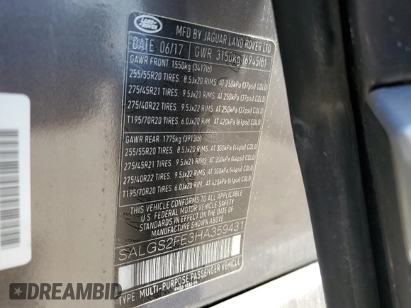 2017 Land Rover Range Rover with VIN SALGS2FE3HA359431, listed as a Copart auction lot 61728395 with 75,210 mi miles and Salvage title. Bid and sale history available at DreamBid. Image 14.