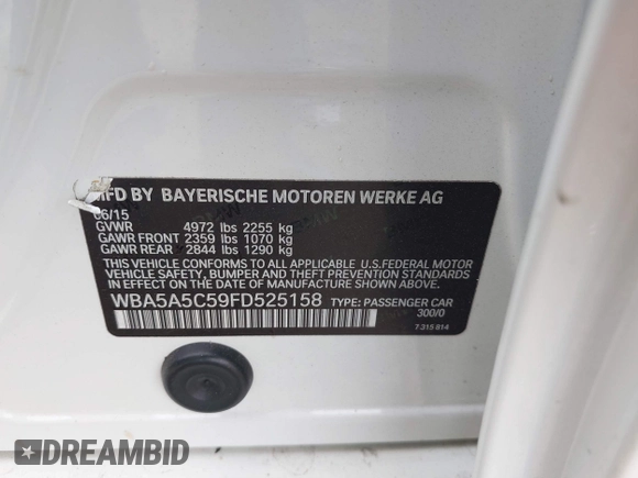 2015 BMW 5 Series 528i with VIN WBA5A5C59FD525158, listed as a IAAI auction lot 41698100 with 155,822 mi miles. Bid and sale history available at carsss.com. Image 9.