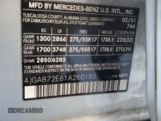 2001 Mercedes-Benz M 320/430/500 with VIN 4JGAB72E61A260183, listed as a Copart auction lot 58892655 with 71,651 mi miles and Clean title. Bid and sale history available at DreamBid. Image 13.