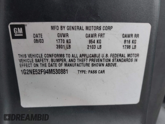 2004 Pontiac Grand Am SE z VIN 1G2NE52F94M530881, wystawiony jako IAAI lot #41648302 z przebiegiem 116 540 mil mil oraz . Historia ofert i sprzedaży dostępna na DreamBid. Obrazek 9.
