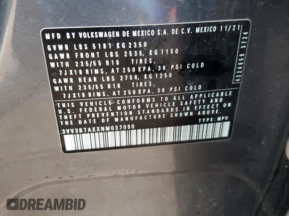 2022 Volkswagen Tiguan SE with VIN 3VV3B7AXXNM037090, listed as a Copart auction lot 84286314 with 54,432 mi miles and Salvage Title. Bid and sale history available at DreamBid. Image 14.