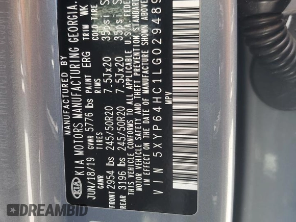 2020 Kia Telluride S with VIN 5XYP64HC1LG029489, listed as a Copart auction lot 59097345 with 108,360 mi miles and Non repairable. Bid and sale history available at DreamBid. Image 13.