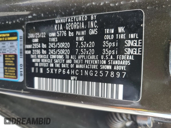 2022 Kia Telluride S z VIN 5XYP64HC1NG257897, wystawiony jako Copart lot #59868225 z przebiegiem 86 096 mil mil oraz Szkoda całkowita • Salvage title. Historia ofert i sprzedaży dostępna na DreamBid. Obrazek 13.