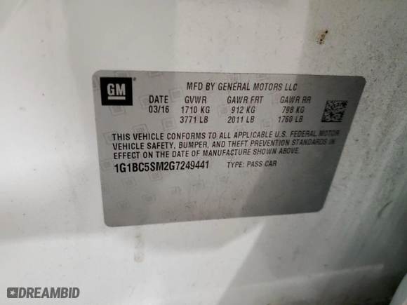 2016 Chevrolet Cruze LS with VIN 1G1BC5SM2G7249441, listed as a Copart auction lot 82374644 with 48,966 mi miles and Salvage Title. Bid and sale history available at carsss.com. Image 14.