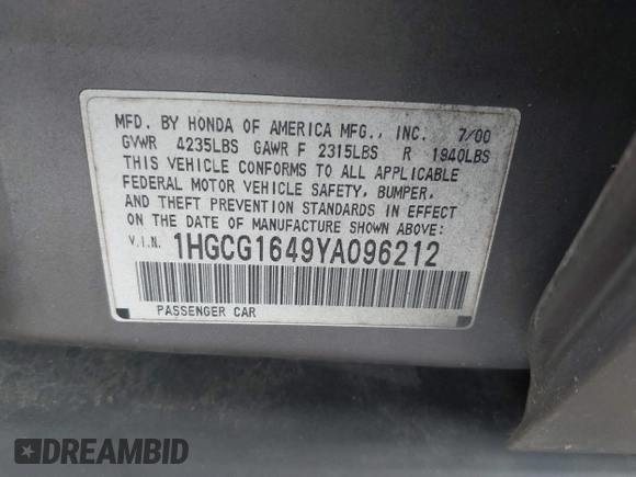 2000 Honda Accord LX z VIN 1HGCG1649YA096212, wystawiony jako IAAI lot #41737193 z przebiegiem 181 489 mil mil oraz . Historia ofert i sprzedaży dostępna na DreamBid. Obrazek 9.