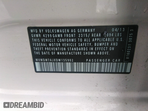 2013 Volkswagen Golf TDI with VIN WVWDM7AJXDW135902, listed as a IAAI auction lot 40194204 with 80,523 mi miles and . Bid and sale history available at DreamBid. Image 9.