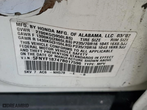 2007 Honda Pilot EX-L with VIN 5FNYF18747B017596, listed as a Copart auction lot 48335245 with 146,813 mi miles and Salvage Title. Bid and sale history available at carsss.com. Image 13.