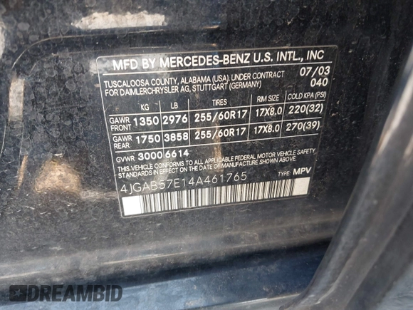 2004 Mercedes-Benz M 350 with VIN 4JGAB57E14A461765, listed as a IAAI auction lot 42532273 with Not provided miles and . Bid and sale history available at DreamBid. Image 9.