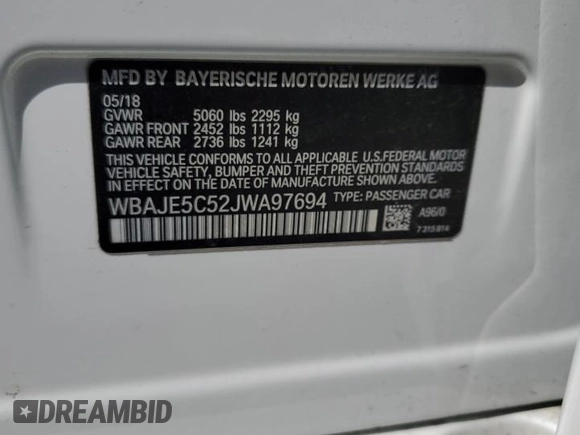 2018 BMW 5 Series 540i z VIN WBAJE5C52JWA97694, wystawiony jako Copart lot #58089145 z przebiegiem Nie podano mil oraz Szkoda całkowita • Salvage title. Historia ofert i sprzedaży dostępna na DreamBid. Obrazek 12.