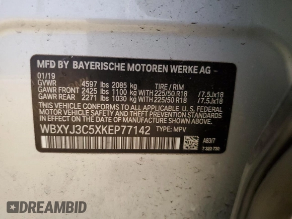2019 BMW X2 sDrive28i with VIN WBXYJ3C5XKEP77142, listed as a Copart auction lot 50046455 with 88,495 mi miles and Salvage title. Bid and sale history available at DreamBid. Image 12.
