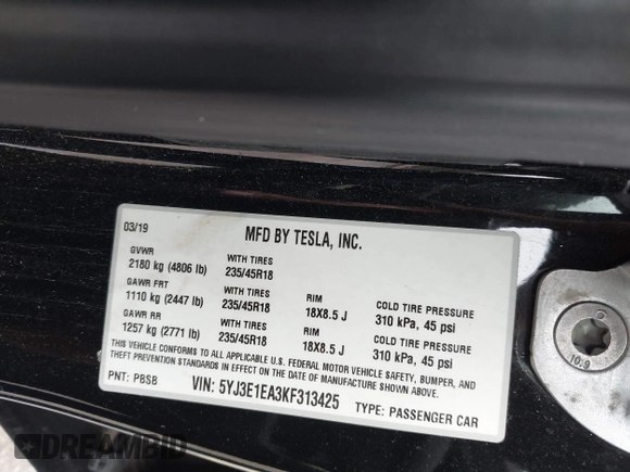 2019 Tesla Model 3 Mid Range with VIN 5YJ3E1EA3KF313425, listed as a IAAI auction lot 41806388 with 110,767 mi miles and . Bid and sale history available at carsss.com. Image 9.