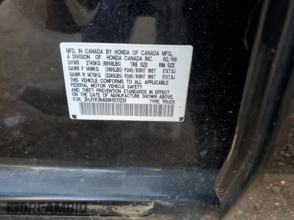 2008 Honda Ridgeline RTS with VIN 2HJYK16498H531231, listed as a Copart auction lot 75092454 with 121,248 mi miles and Salvage Title. Bid and sale history available at carsss.com. Image 12.