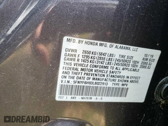 2020 Honda Pilot Touring 8-Passenger with VIN 5FNYF6H93LB022913, listed as a Copart auction lot 50825655 with 10,513 mi miles and Salvage Title. Bid and sale history available at DreamBid. Image 10.