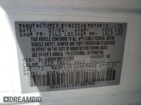 2021 Nissan Sentra SR with VIN 3N1AB8DV1MY308988, listed as a Copart auction lot 49341525 with 64,987 mi miles and Salvage Title. Bid and sale history available at carsss.com. Image 12.