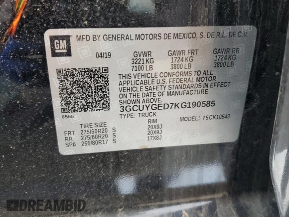2019 Chevrolet Silverado 1500 LTZ with VIN 3GCUYGED7KG190585, listed as a Copart auction lot 54433485 with 49,041 mi miles and Salvage Title. Bid and sale history available at DreamBid. Image 12.