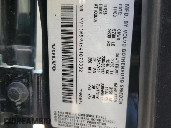 2004 Volvo XC90 with VIN YV1CM59H641078882, listed as a Copart auction lot 48968955 with 152,871 mi miles and Salvage Title. Bid and sale history available at carsss.com. Image 16.