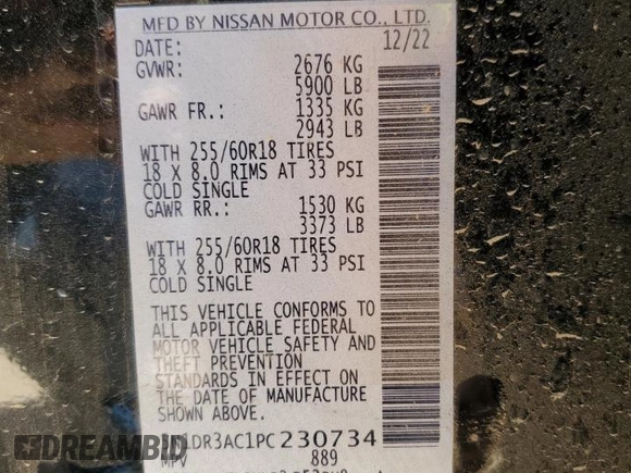 2023 Nissan Pathfinder S with VIN 5N1DR3AC1PC230734, listed as a Copart auction lot 56006835 with 37,238 mi miles and Salvage title. Bid and sale history available at DreamBid. Image 13.