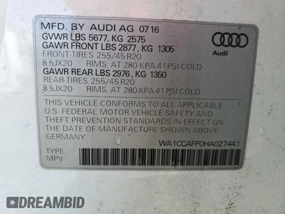 2017 Audi SQ5 Premium Plus with VIN WA1CCAFP0HA027441, listed as a Copart auction lot 68617354 with 111,474 mi miles and Clean title. Bid and sale history available at DreamBid. Image 13.