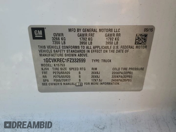2015 Chevrolet Silverado 1500 LT with VIN 1GCVKREC1FZ332699, listed as a Copart auction lot 51160215 with 112,166 mi miles and Salvage Title. Bid and sale history available at DreamBid. Image 12.