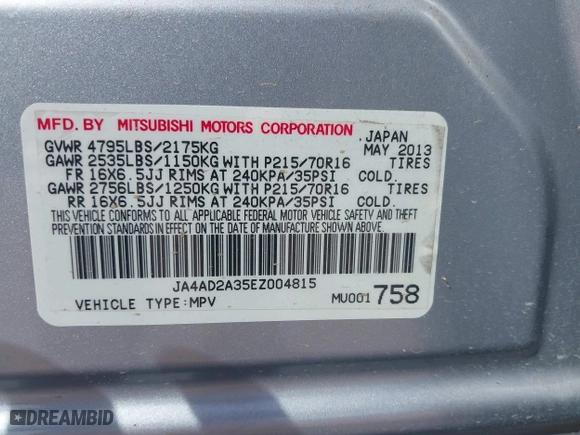 2014 Mitsubishi Outlander ES with VIN JA4AD2A35EZ004815, listed as a IAAI auction lot 41907402 with 151,497 mi miles. Bid and sale history available at carsss.com. Image 9.