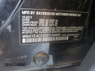 2013 BMW 7 Series 740Li with VIN WBAYE4C5XDD136800, listed as a Copart auction lot 51966905 with Not provided miles and Salvage title. Bid and sale history available at DreamBid. Image 14.