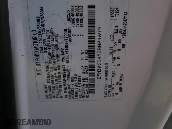 2003 Ford Windstar LX with VIN 2FMZA51493BB24849, listed as a Copart auction lot 76728704 with 156,820 mi miles and Salvage Title. Bid and sale history available at DreamBid. Image 14.