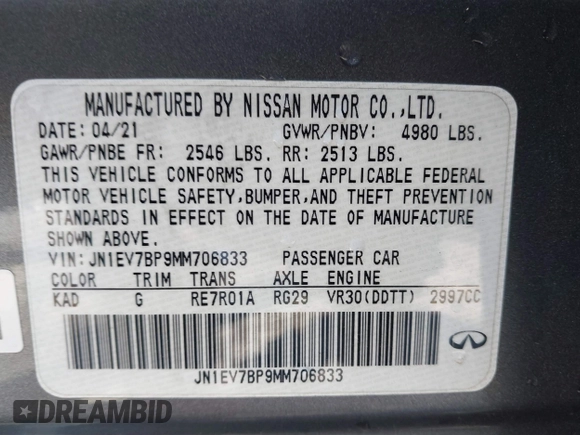 2021 Infiniti Q50 3.0t LUXE with VIN JN1EV7BP9MM706833, listed as a IAAI auction lot 41724977 with 55,784 mi miles. Bid and sale history available at carsss.com. Image 9.