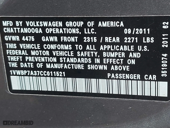 2012 Volkswagen Passat SE with VIN 1VWBP7A37CC011521, listed as a IAAI auction lot 41876767 with 125,543 mi miles. Bid and sale history available at carsss.com. Image 9.