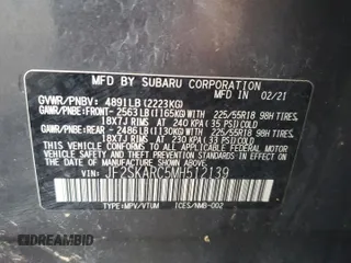 2021 Subaru Forester Special Sports с VIN JF2SKARC5MH512139, выставлен на аукционе Copart как лот 62736185 с пробегом 45 225 миль миль и Списание • Salvage title. История ставок и продаж доступна на DreamBid. Изображение 13.