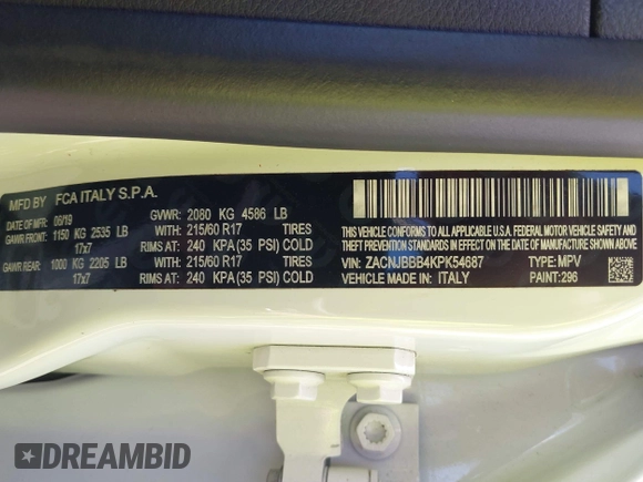 2019 Jeep Renegade Altitude with VIN ZACNJBBB4KPK54687, listed as a IAAI auction lot 42302929 with 70,122 mi miles and . Bid and sale history available at DreamBid. Image 9.