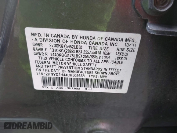 2012 Acura MDX Tech/Entertainment Pkg with VIN 2HNYD2H44CH502658, listed as a IAAI auction lot 41576254 with 174,011 mi miles. Bid and sale history available at carsss.com. Image 9.