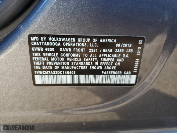 2013 Volkswagen Passat SEL Premium with VIN 1VWCM7A32DC146405, listed as a Copart auction lot 43192015 with 131,211 mi miles and Clean Title. Bid and sale history available at carsss.com. Image 12.