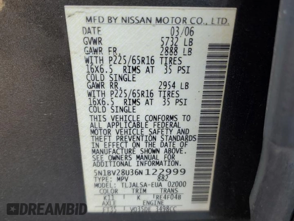 2006 Nissan Quest SL with VIN 5N1BV28U36N122999, listed as a Copart auction lot 86639374 with 185,875 mi miles and Salvage Title. Bid and sale history available at carsss.com. Image 13.