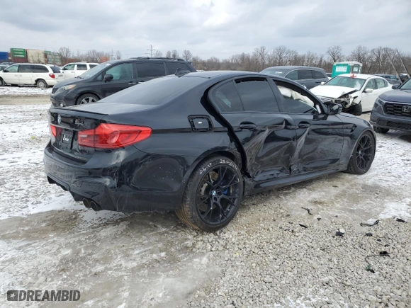 2019 BMW M5 with VIN WBSJF0C57KB285886, listed as a Copart auction lot 46027595 with 0 mi miles and Salvage Title. Bid and sale history available at carsss.com. Image 3.