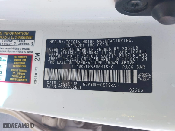 2011 Toyota Camry LE with VIN 4T1BK3EK5BU614516, listed as a IAAI auction lot 41713243 with 287,576 mi miles. Bid and sale history available at carsss.com. Image 9.