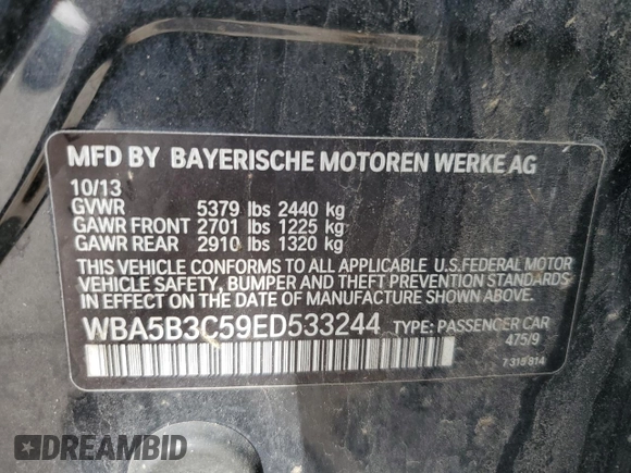 2014 BMW 5 Series 535i xDrive with VIN WBA5B3C59ED533244, listed as a Copart auction lot 49470115 with 137,173 mi miles and Clean Title. Bid and sale history available at carsss.com. Image 12.