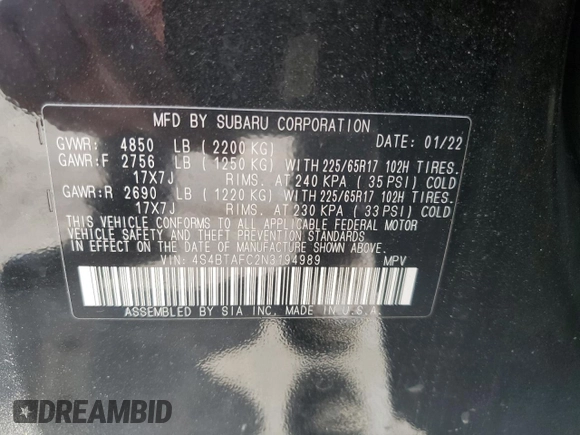 2022 Subaru Outback Premium z VIN 4S4BTAFC2N3194989, wystawiony jako Copart lot #55857515 z przebiegiem 49 841 mil mil oraz Szkoda całkowita • Salvage title. Historia ofert i sprzedaży dostępna na DreamBid. Obrazek 12.