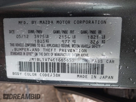 2012 Mazda 3 i Touring with VIN JM1BL1V74C1665655, listed as a IAAI auction lot 42261070 with 102,885 mi miles and . Bid and sale history available at DreamBid. Image 9.