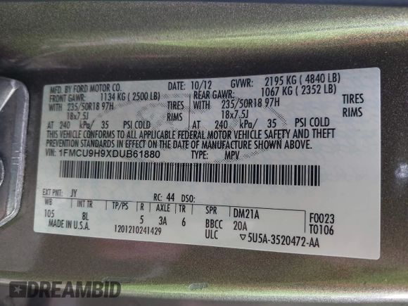2013 Ford Escape SEL with VIN 1FMCU9H9XDUB61880, listed as a IAAI auction lot 42271136 with 115,837 mi miles and . Bid and sale history available at DreamBid. Image 9.