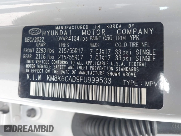 2023 Hyundai Kona SEL with VIN KM8K6CAB9PU999533, listed as a IAAI auction lot 42053046 with 15,506 mi miles. Bid and sale history available at carsss.com. Image 9.