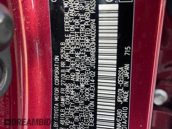 2017 Toyota Mirai с VIN JTDBVRBD3HA002894, выставлен на аукционе Copart как лот 80458964 с пробегом 68 364 миль миль и Чистый • Clean title. История ставок и продаж доступна на DreamBid. Изображение 10.
