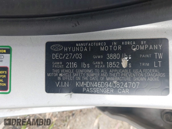 2004 Hyundai Elantra GLS с VIN KMHDN46D94U824707, выставлен на аукционе IAAI как лот 42460287 с пробегом 166 360 миль миль и . История ставок и продаж доступна на DreamBid. Изображение 9.