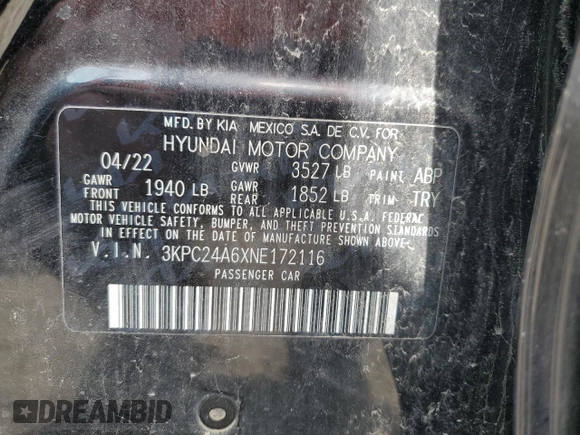 2022 Hyundai Accent SE z VIN 3KPC24A6XNE172116, wystawiony jako Copart lot #50949485 z przebiegiem 82 189 mil mil oraz Szkoda całkowita • Salvage title. Historia ofert i sprzedaży dostępna na DreamBid. Obrazek 12.