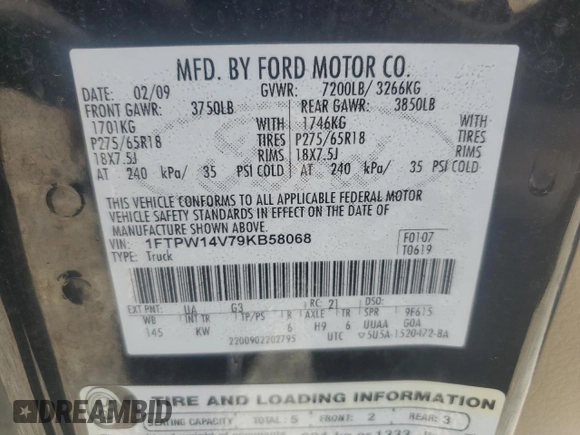 2009 Ford F-150 XL z VIN 1FTPW14V79KB58068, wystawiony jako Copart lot #57503955 z przebiegiem 166 659 mil mil oraz Szkoda całkowita • Salvage title. Historia ofert i sprzedaży dostępna na DreamBid. Obrazek 12.